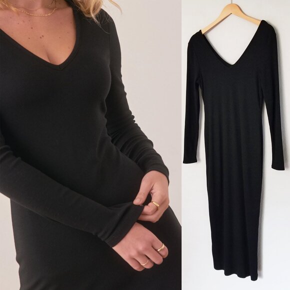 Marine Layer Lexi Rib V-Neck Maxi Dress Black Size M Lined Stretch Bodycon $118 - Picture 4 of 15